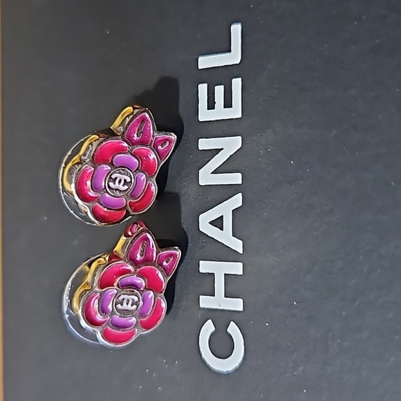 CHANEL Jewelry - Chanel Camellia Pierced Earrings Gold Red Pink 05P